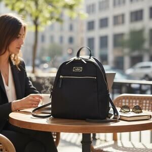 Kate Spade Nylon Backpack Black Gold Tone Zippers Adjustable Straps Used